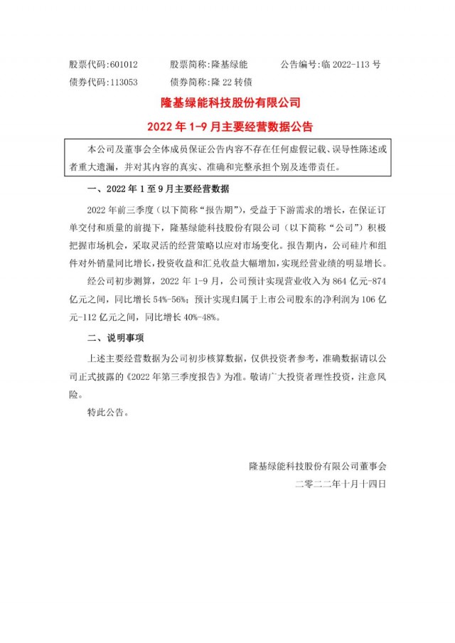 隆基綠能：營收或超864億，預(yù)計前三季凈利或在106億元-112億元之間